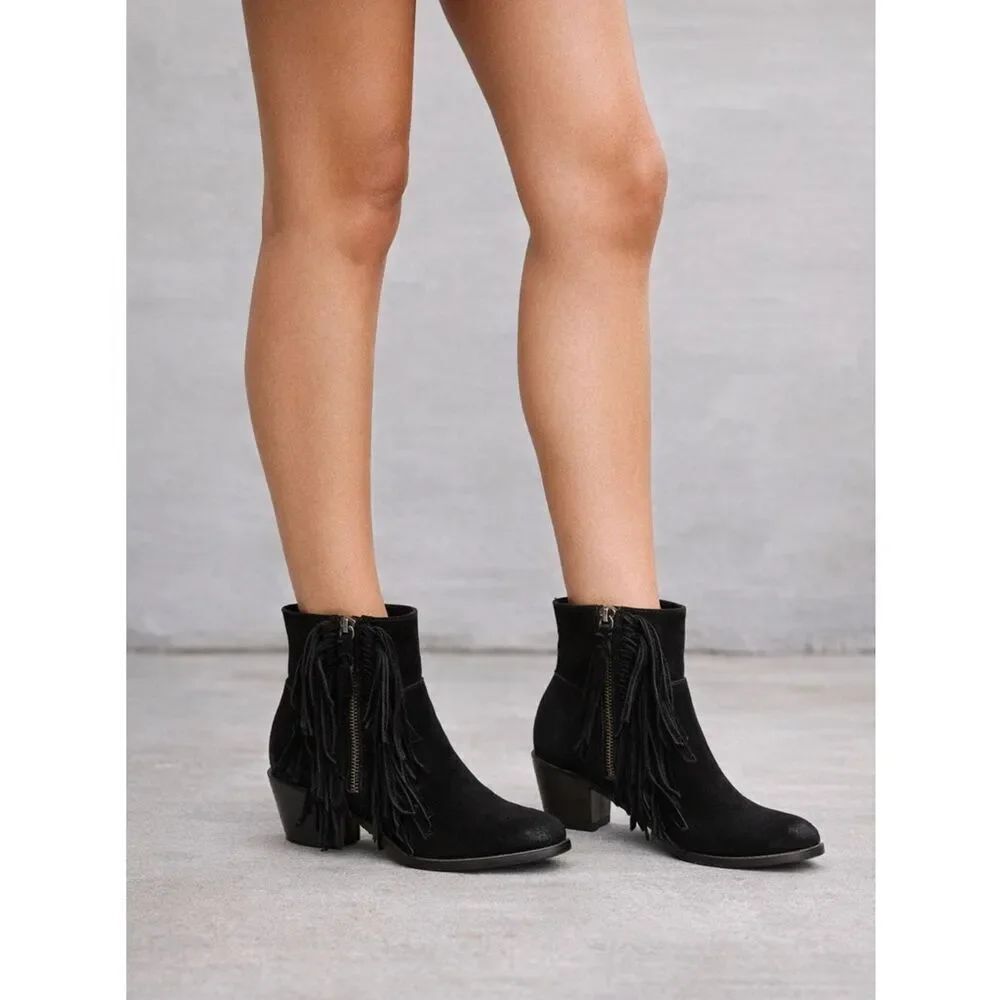 Cynthia Vincent Black Suede Fringe Ankle Boots
